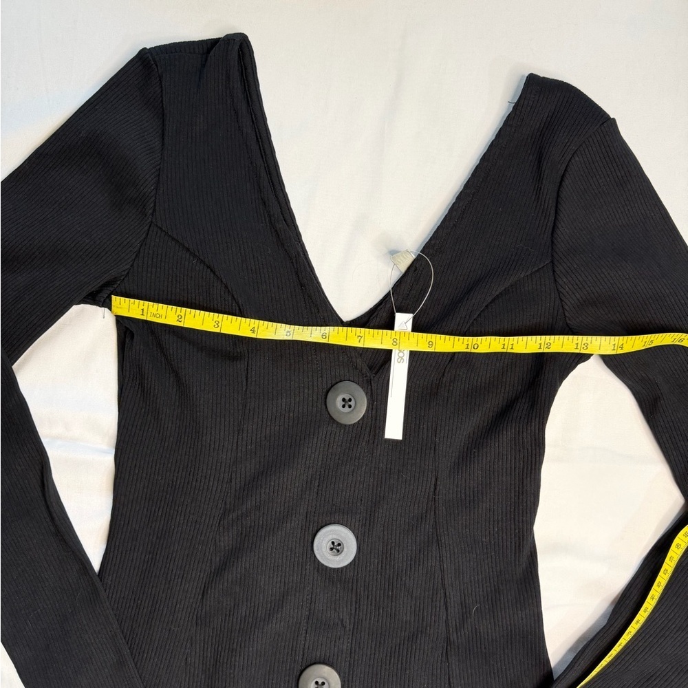 NWT ASOS Black Ribbed Knit Fit & Flare Button Front V-Neck Long Sleeve Dress - Picture 5 of 6